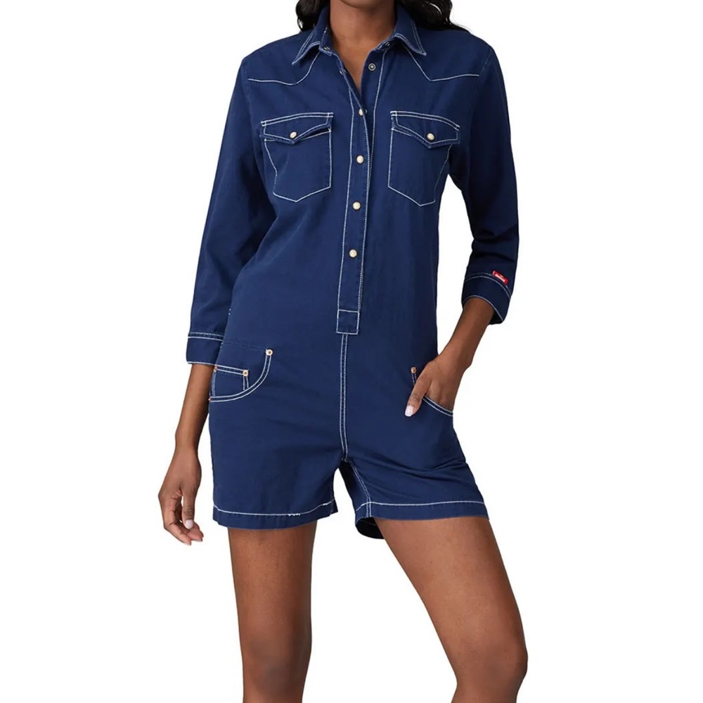 Denimist Cowboy Denim Jean Romper Dark Wash Western Pearlized Buttons size Med